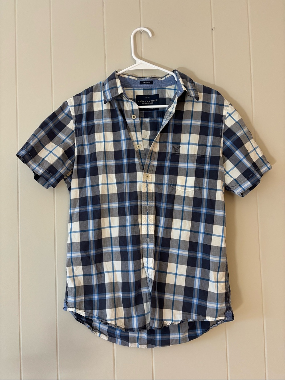 American Eagle Outfitters Men’s Blue Plaid Short-Sleeve Button-Up Shirt